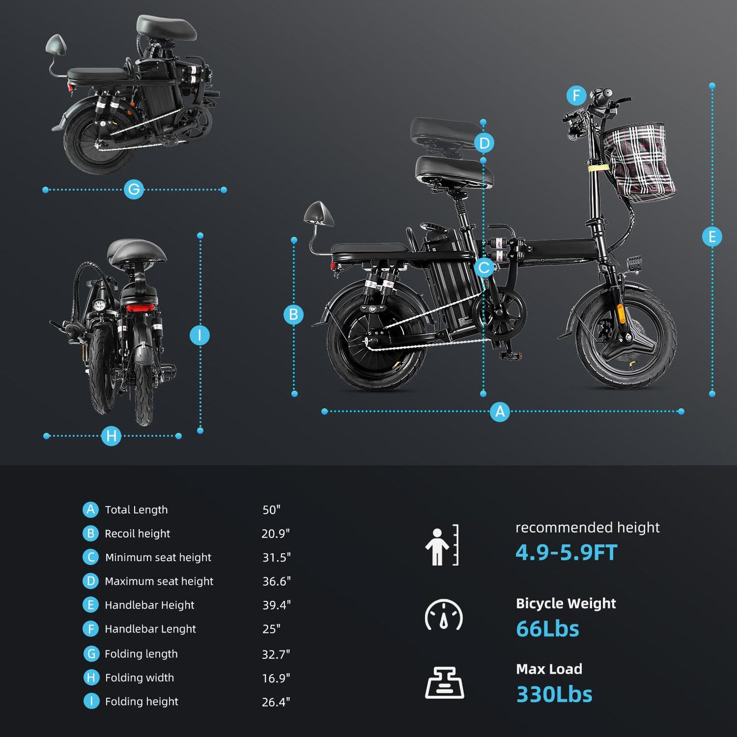 A9-Electric-Bike-for-Adults, Folding-E-Bike-with-Basket, 14" Wheels, 20 mph, 500W Brushless Motor, 48V 15AH Removable Battery, 9 Shock Absorbers, 30-Mile Range, LCD Display