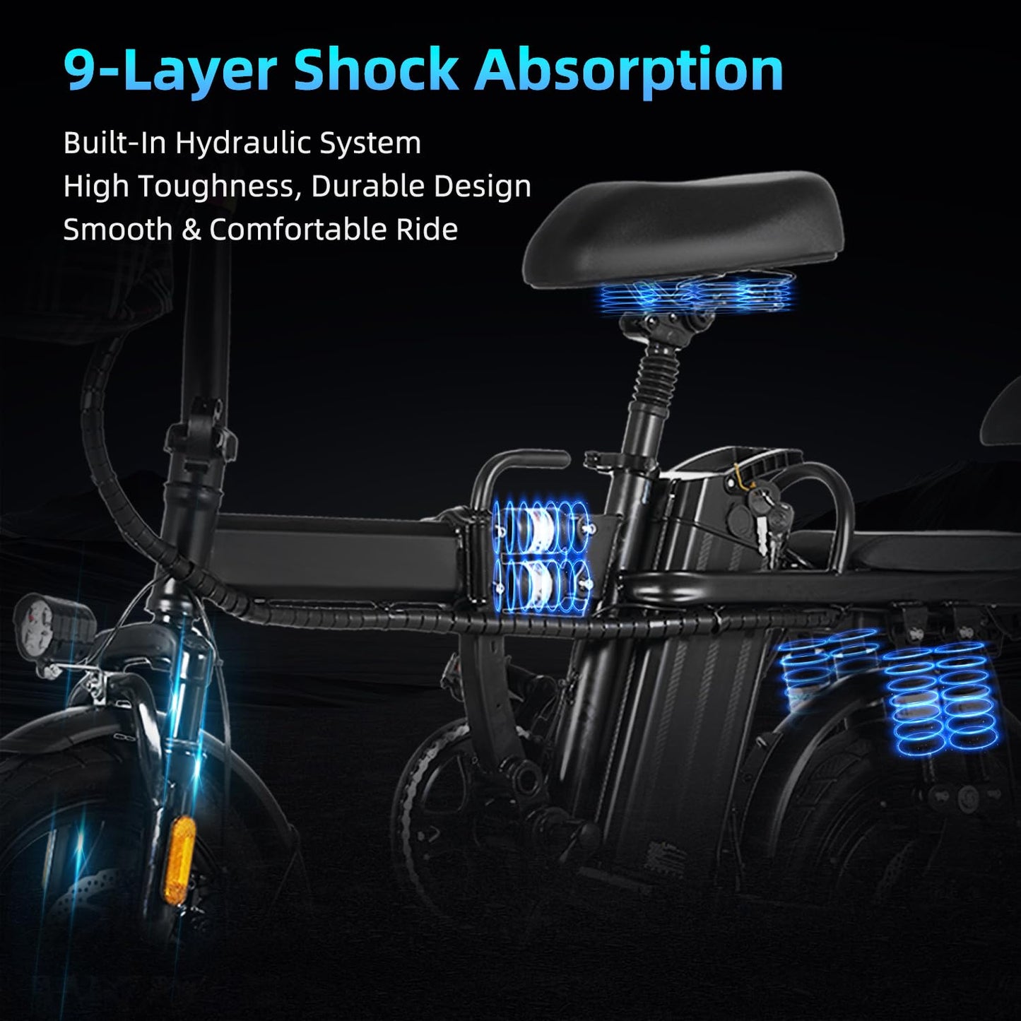 A9-Electric-Bike-for-Adults, Folding-E-Bike-with-Basket, 14" Wheels, 20 mph, 500W Brushless Motor, 48V 15AH Removable Battery, 9 Shock Absorbers, 30-Mile Range, LCD Display