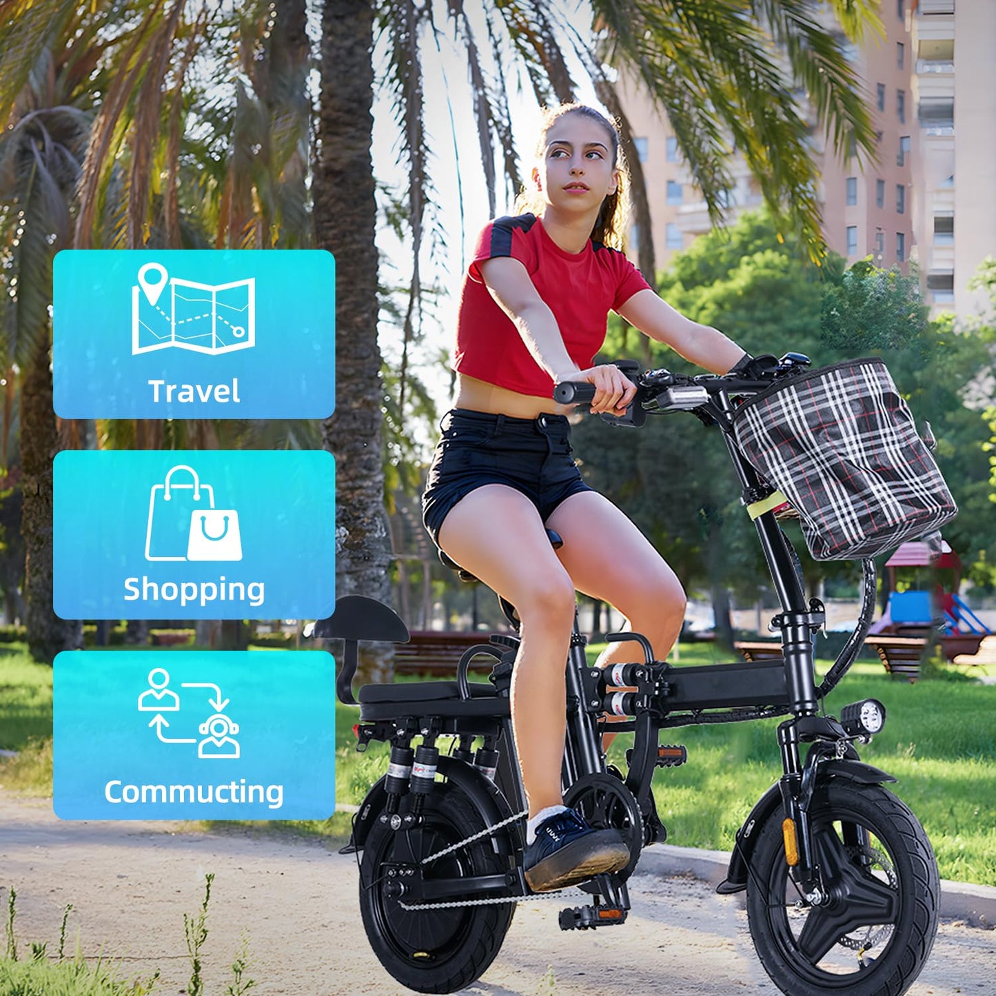 A9-Electric-Bike-for-Adults, Folding-E-Bike-with-Basket, 14" Wheels, 20 mph, 500W Brushless Motor, 48V 15AH Removable Battery, 9 Shock Absorbers, 30-Mile Range, LCD Display