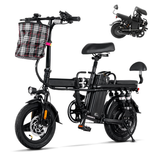 A9-Electric-Bike-for-Adults, Folding-E-Bike-with-Basket, 14" Wheels, 20 mph, 500W Brushless Motor, 48V 15AH Removable Battery, 9 Shock Absorbers, 30-Mile Range, LCD Display